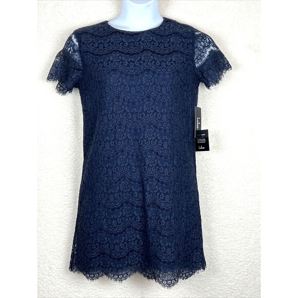 Lulu's NWT Women's Size Medium Dress Navy Lace Overlay Cap Sleeves - Picture 2 of 8